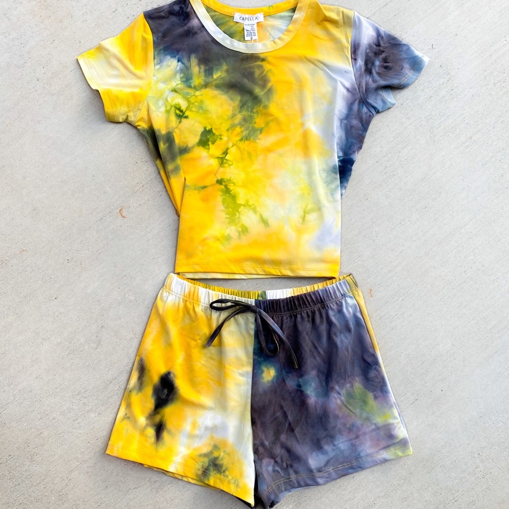 Yellow Tie Dyed Crop Shirt Short Set NWT Medium